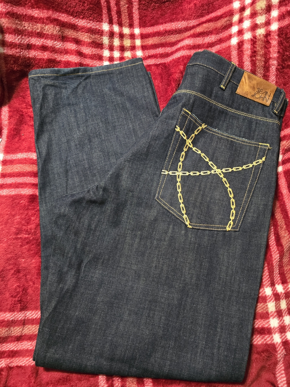 Sean John Men's Dark Blue Straight Jeans with Yellow Chain Stitch Pocket